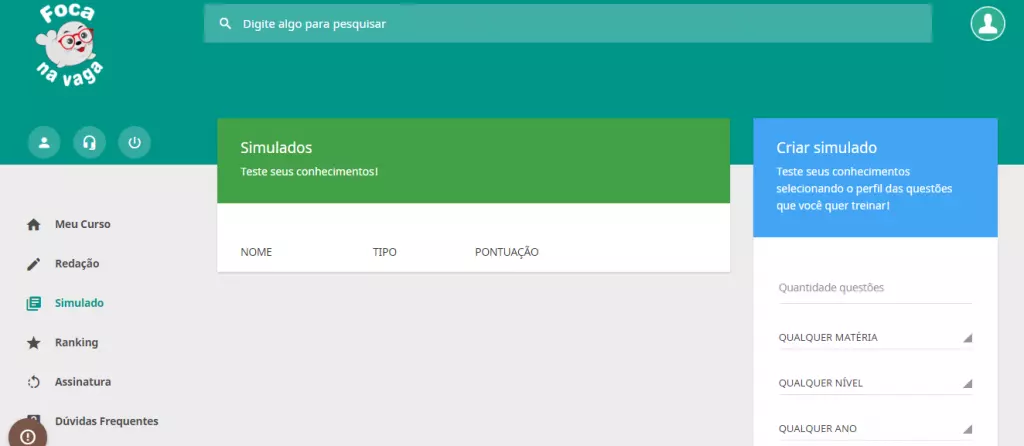 Plataforma Foca na vaga: Simulados