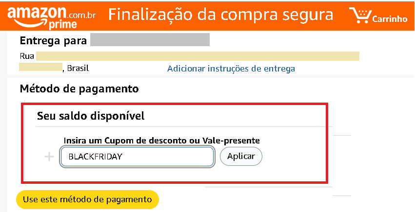 Aplicar cupom na finalização da compra Amazon